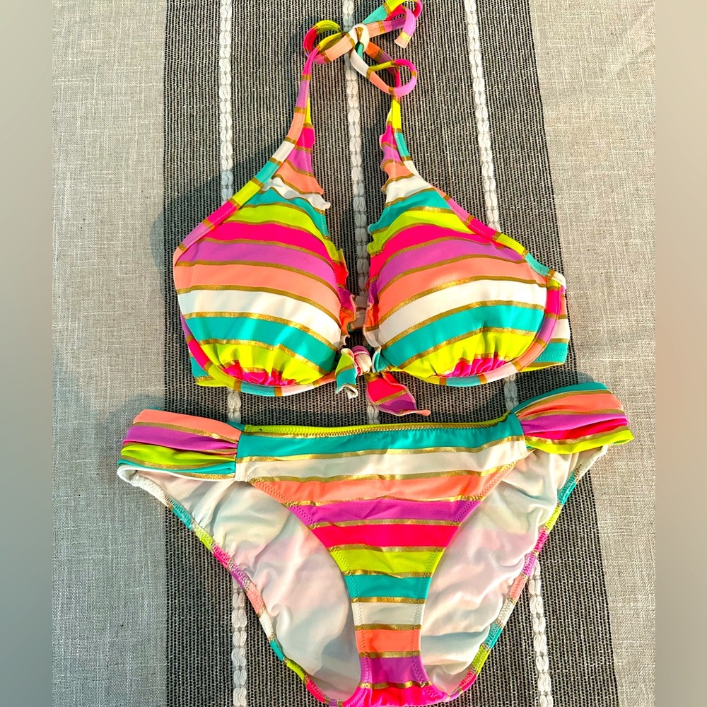 Victoria’s Secret Bikini Neon/Multicolor 32DD Underwire Top and Medium Bottom